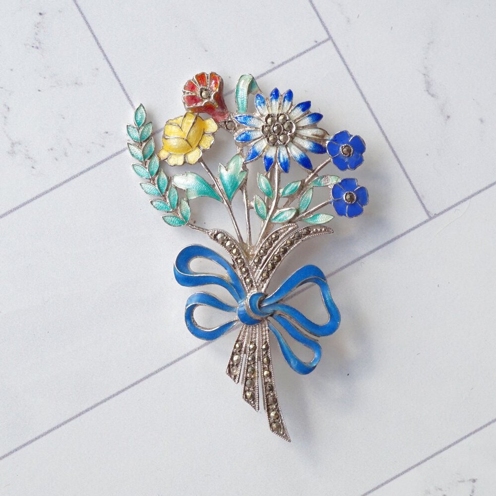 Art Deco Sterling Silver Enamel Floral Bouquet Brooch w/ Marcasite Accents, 1930